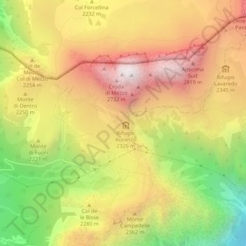 Carte topographique Forcella Longeres, altitude, relief