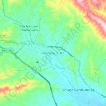 Carte topographique San Pablo Huitzo, altitude, relief