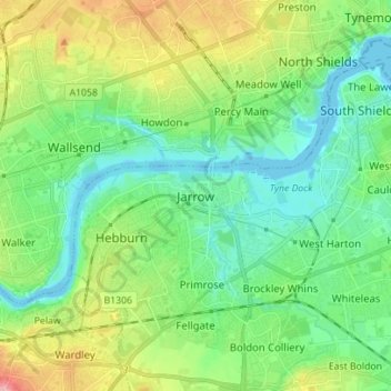 Carte topographique Jarrow, altitude, relief