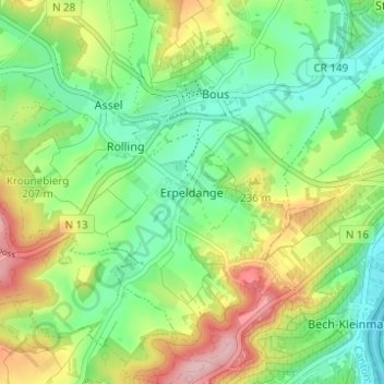Carte topographique Erpeldange, altitude, relief