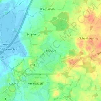 Carte topographique Beusloe, altitude, relief