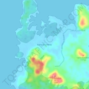 Carte topographique Bahia Escondida, altitude, relief