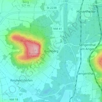 Carte topographique Buchberg, altitude, relief