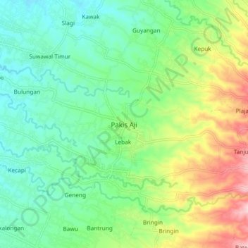 Carte topographique Pakis Aji, altitude, relief