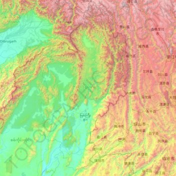 Carte topographique Kachin, altitude, relief