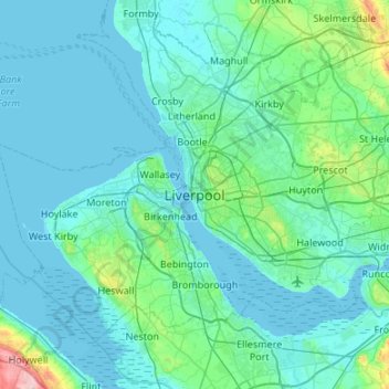 Carte topographique Liverpool, altitude, relief