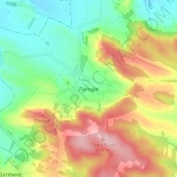 Carte topographique Lahodiv, altitude, relief