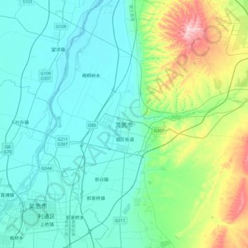 Carte topographique 灵武市, altitude, relief