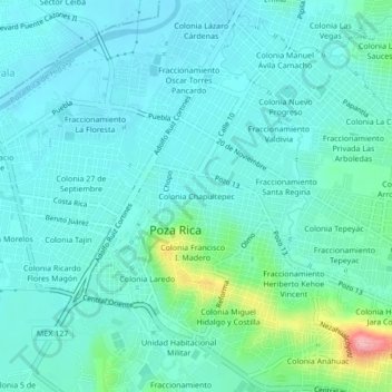 Carte topographique Colonia Chapultepec, altitude, relief