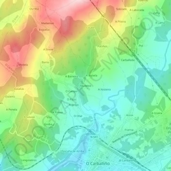 Carte topographique Mudelos, altitude, relief