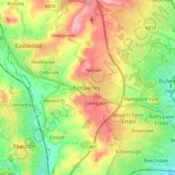 Carte topographique Nottinghamshire, altitude, relief