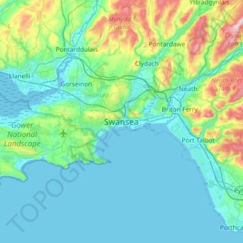 Carte topographique Swansea, altitude, relief