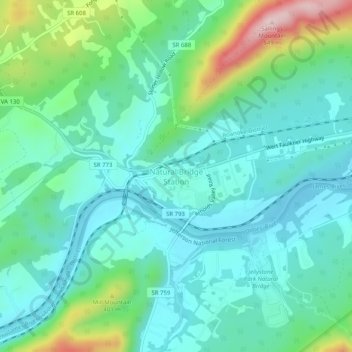 Carte topographique Natural Bridge Station, altitude, relief