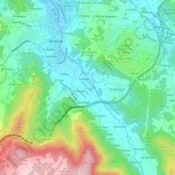 Carte topographique A Queira, altitude, relief
