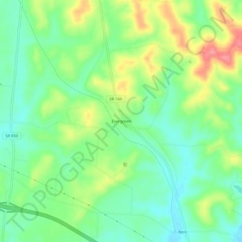 Carte topographique Evergreen, altitude, relief