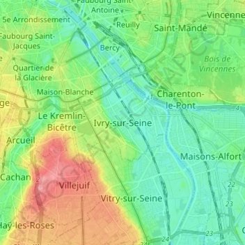 Carte topographique Ivry-sur-Seine, altitude, relief
