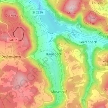 Carte topographique Kainsbach, altitude, relief