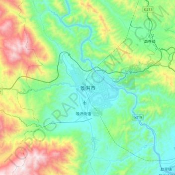 Carte topographique Jinghong, altitude, relief