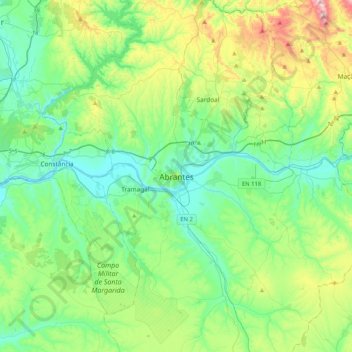 Carte topographique Abrantes, altitude, relief