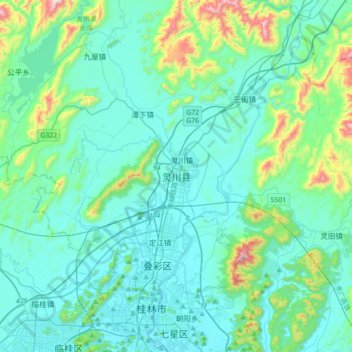 Carte topographique 灵川县, altitude, relief