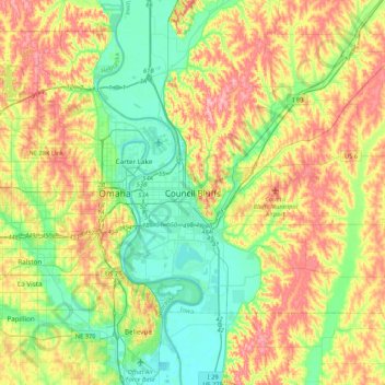 Carte topographique Council Bluffs, altitude, relief