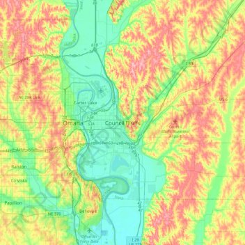 Carte topographique Council Bluffs, altitude, relief