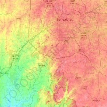 Carte topographique Bangalore South, altitude, relief