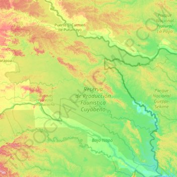 Carte topographique Cuyabeno, altitude, relief