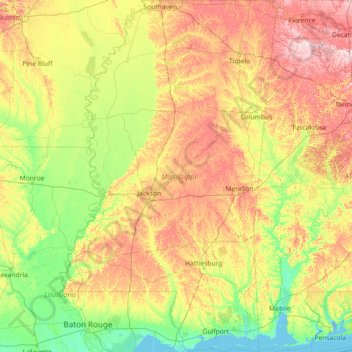 Carte topographique Mississippi, altitude, relief
