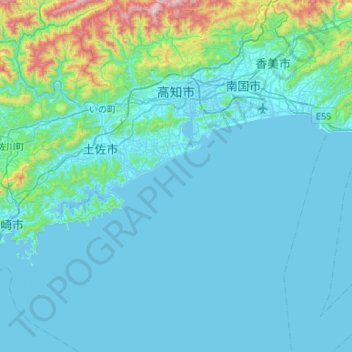 Carte topographique Kōchi, altitude, relief