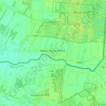 Carte topographique Nieuw-Schoonebeek, altitude, relief