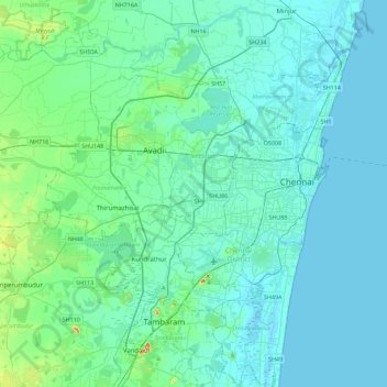 Carte topographique Chennai metropolitan area, altitude, relief