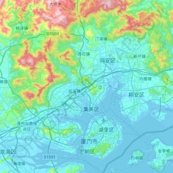 Carte topographique Xiamen, altitude, relief