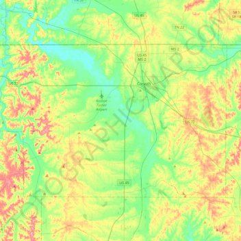 Carte topographique Alcorn County, altitude, relief