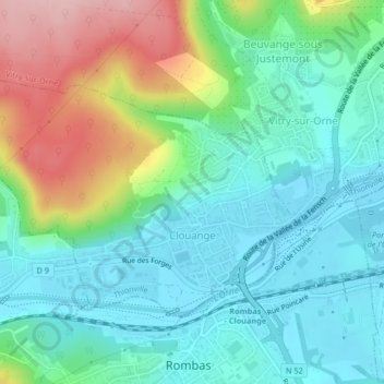 Carte topographique Clouange, altitude, relief