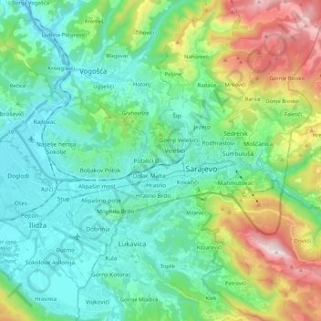 Carte topographique Sarajevo, altitude, relief