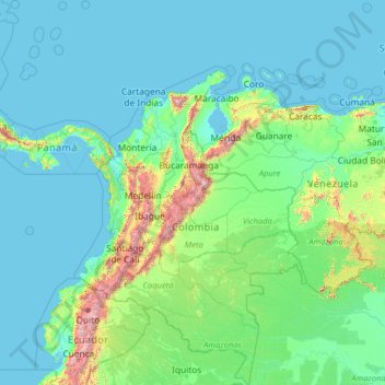 Carte topographique Colombie, altitude, relief