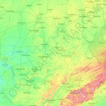 Carte topographique Kentucky, altitude, relief
