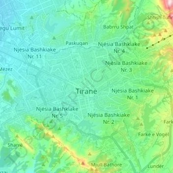 Carte topographique Tirana, altitude, relief