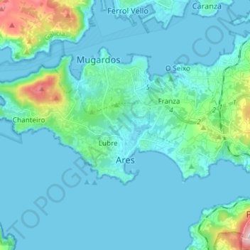 Carte topographique Ares, altitude, relief