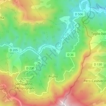 Carte topographique Pruno, altitude, relief