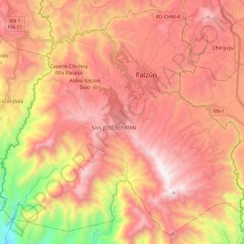 Carte topographique Patzún, altitude, relief