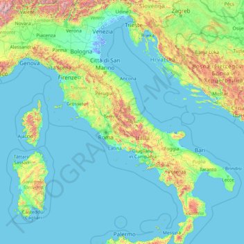 Carte topographique péninsule italienne, altitude, relief