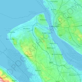 Carte topographique Wirral, altitude, relief