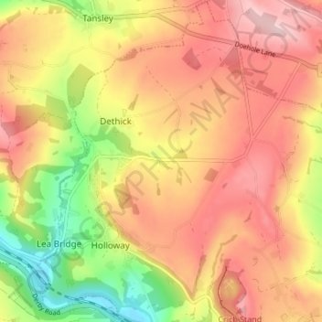 Carte topographique Dethick, Lea and Holloway CP, altitude, relief