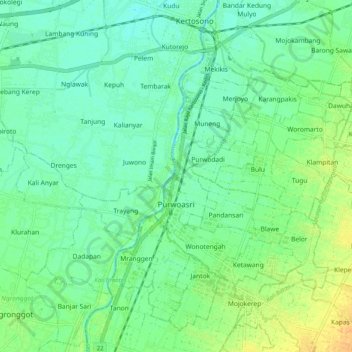 Carte topographique Purwoasri, altitude, relief
