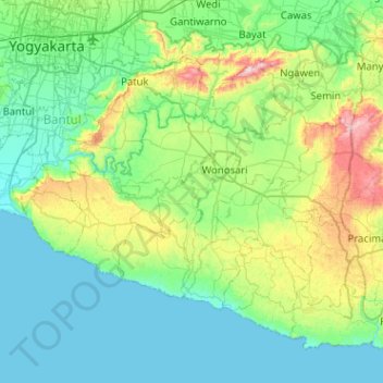 Carte topographique Gunung Kidul Regency, altitude, relief