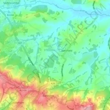 Carte topographique Westfield, altitude, relief