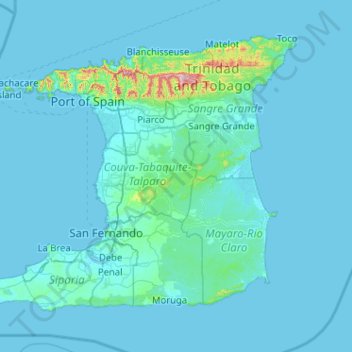 Carte topographique Trinidad, altitude, relief