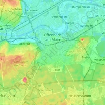 Carte topographique Offenbach-sur-le-Main, altitude, relief